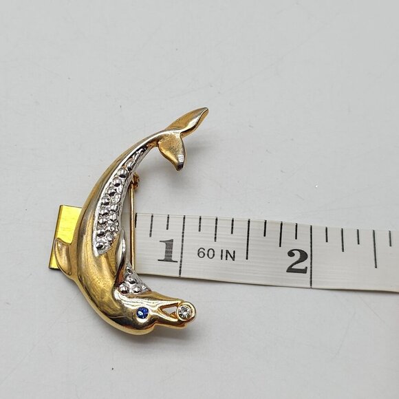 Gold Silver Dolphin Pin With Blue Clear Rhinestones Elegant Ocean-Inspired - Picture 4 of 4